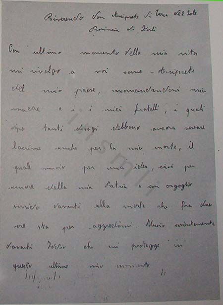 L’immagine riproduce la lettera scritta da Ravaglioli poche ore prima della fucilazione.